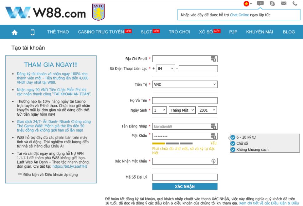 Huong dan tao tai khoan W88  voi 3 buoc