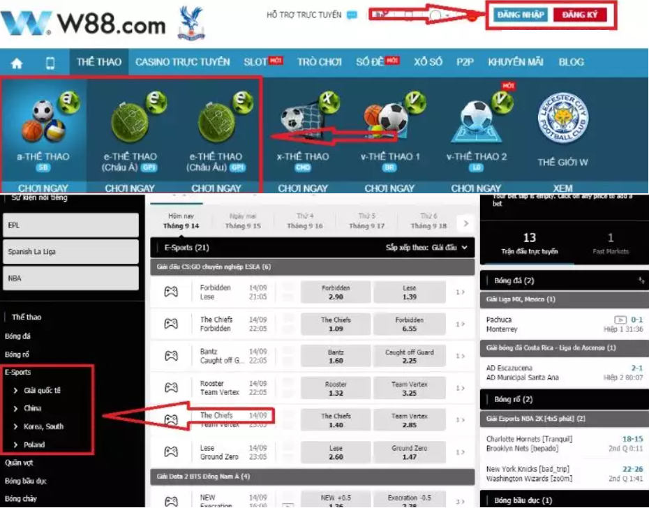Huong dan cach bet keo Esport tai W88