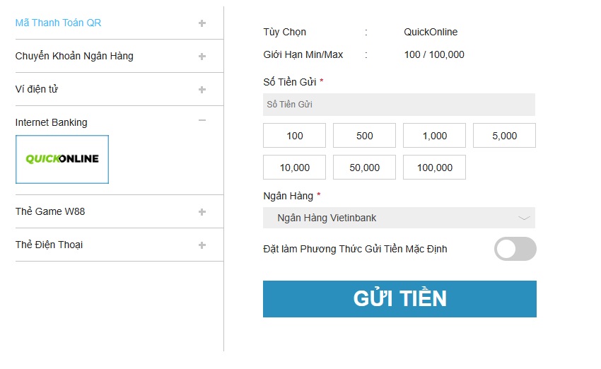 Nap tien W88 qua Internet Banking 