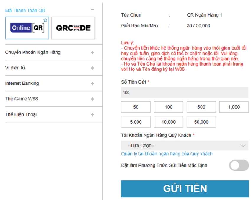 Thuc hien gui tien W88 qua ma QR