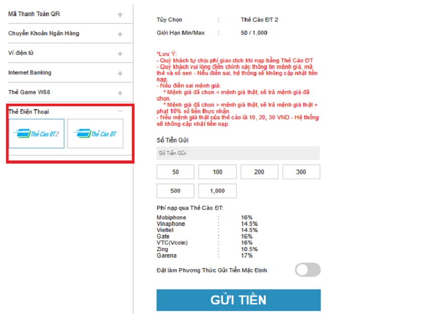 Gui tien W88 qua the cao dien thoai