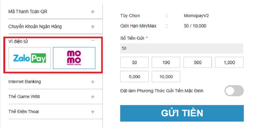 Cach gui tien W88 qua vi dien tu