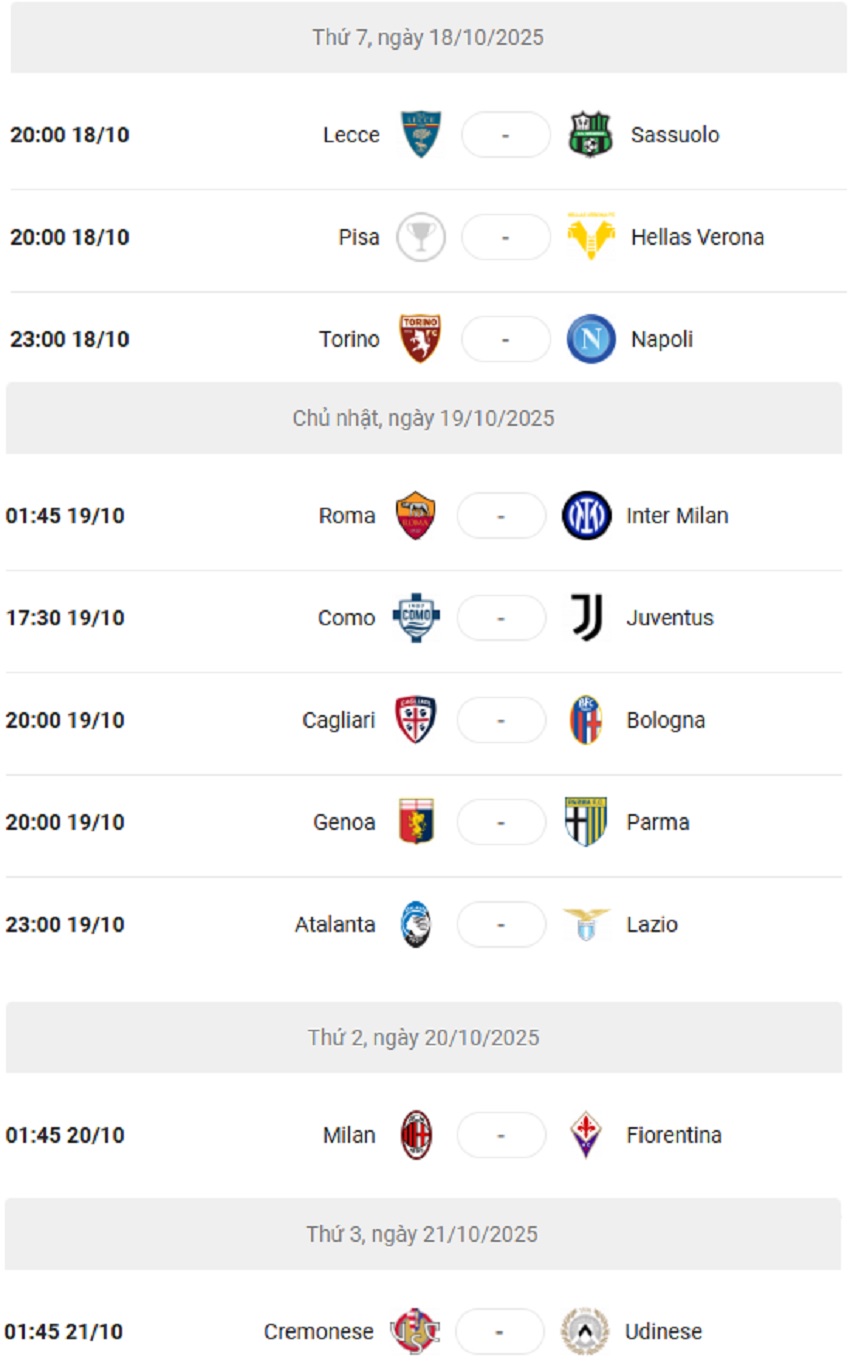 Lich thi dau Serie A 2025/26 vong 7