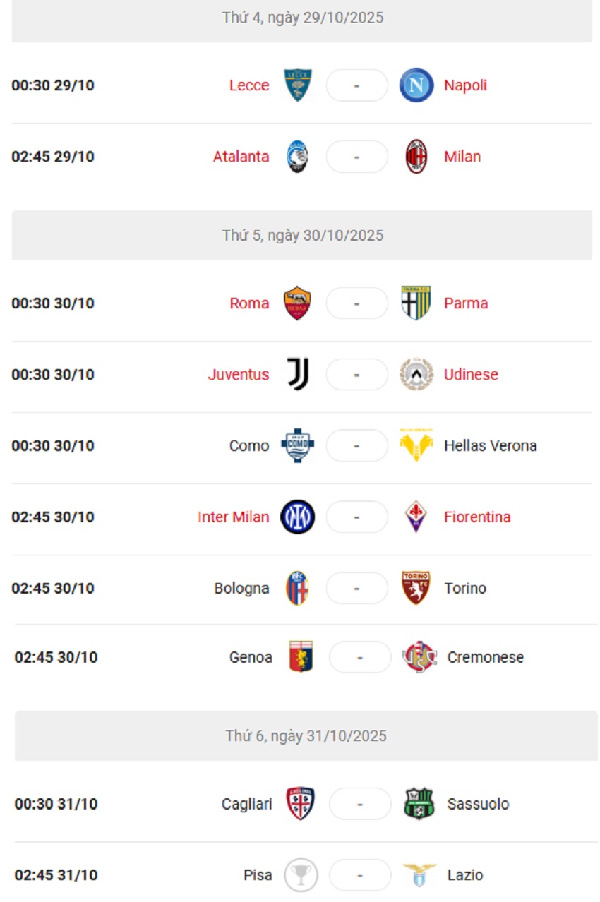 Lich thi dau Serie A 2025/26 vong 9