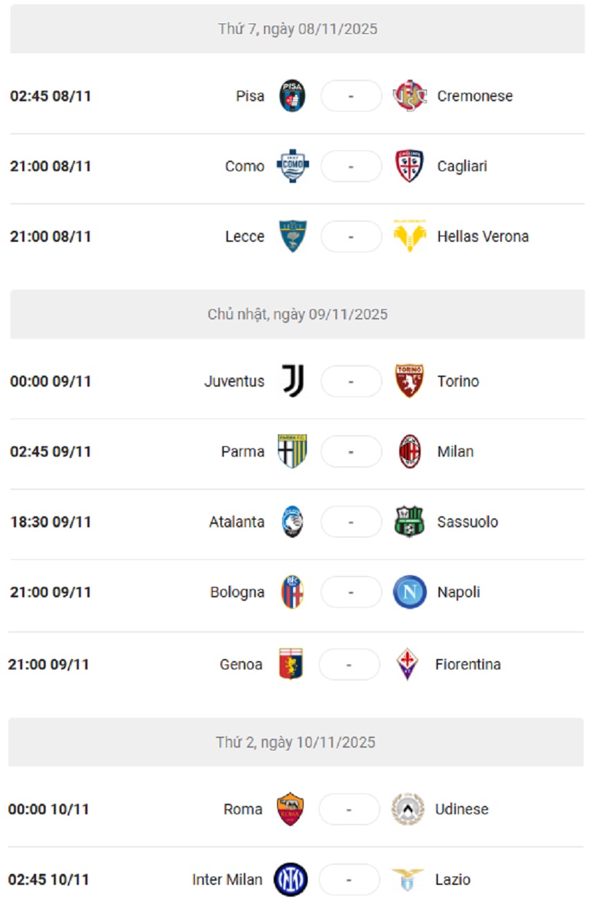Lich thi dau Serie A 2025/26 vong 11