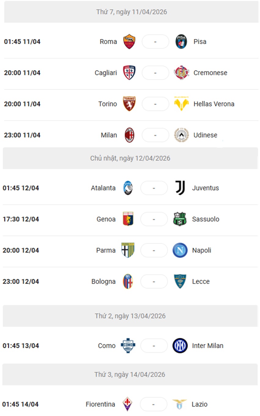 Lịch thi đấu Serie A 2025/26 vòng 32 mới nhất Lich thi dau Serie A 2025/26 vong 32